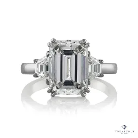 GIA 4.29ct EMERALD Cut & Trapezoids 3 Stone Diamond Engagement Platinum Ring