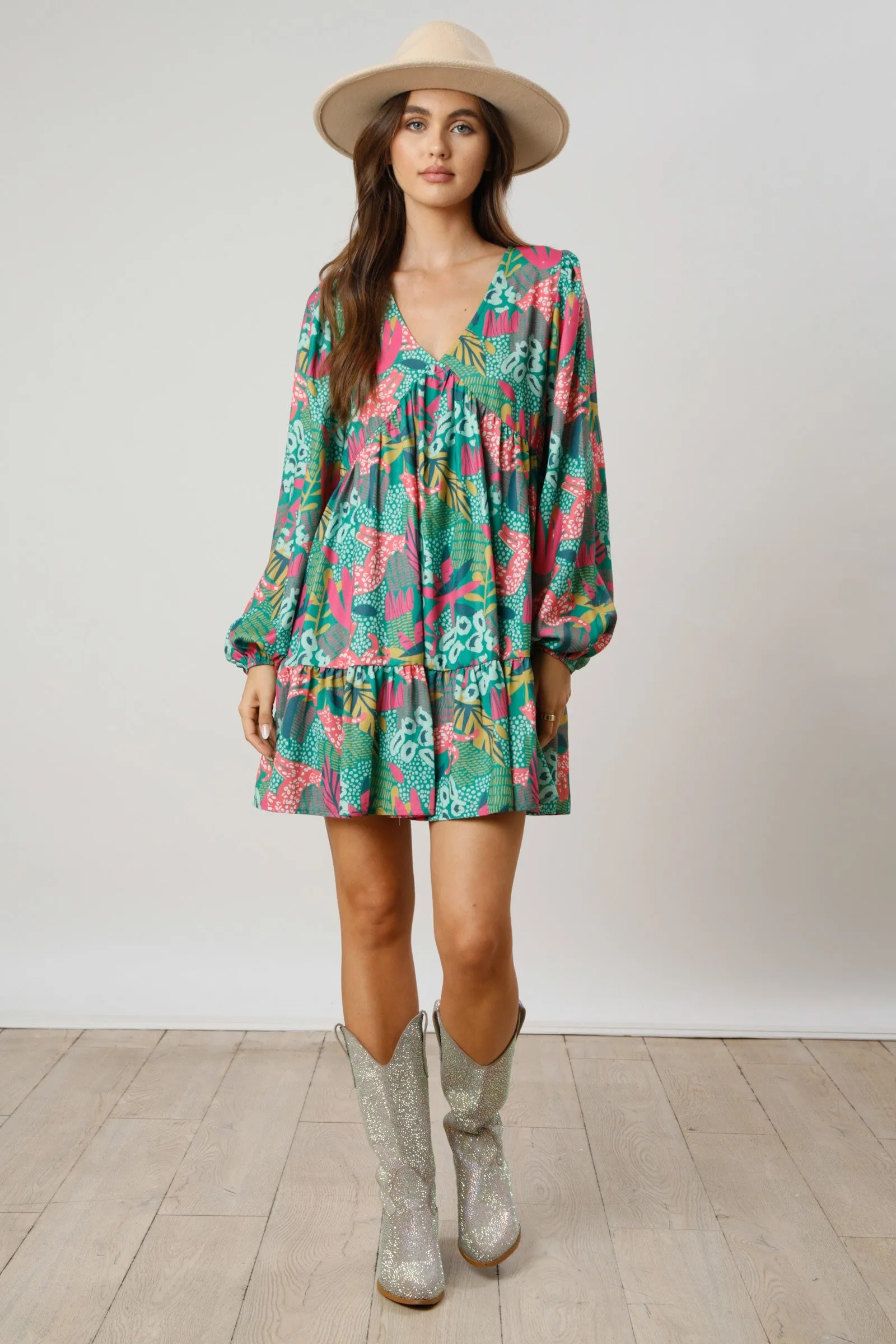 Green Floral V-Neck Ruffle Hem Dress