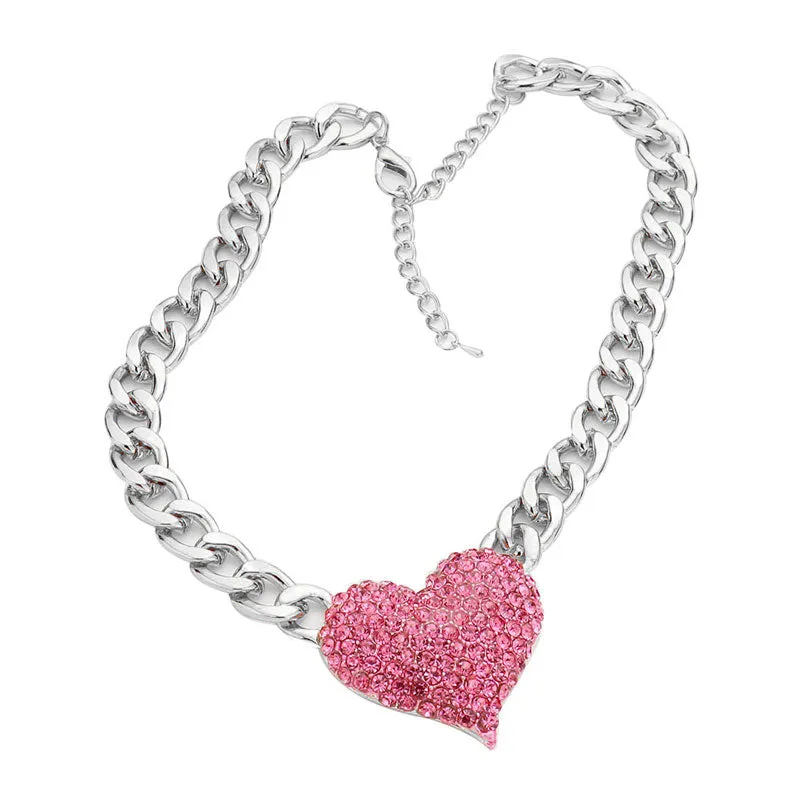 Heart Rhinestone Pave Chunky Metal Chain Necklace