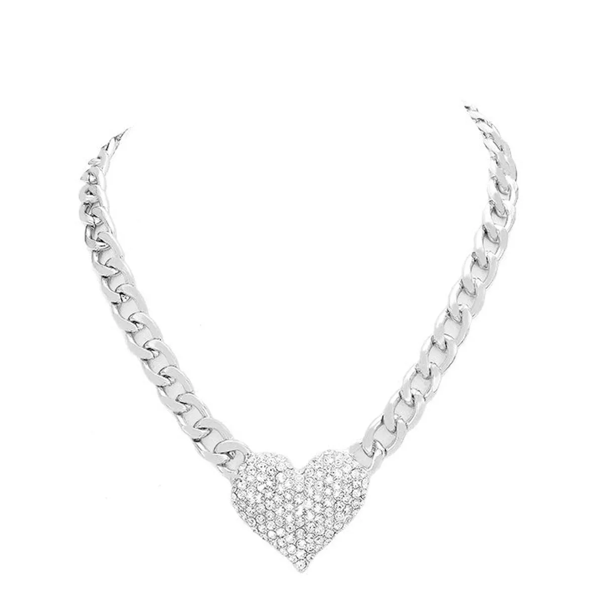 Heart Rhinestone Pave Chunky Metal Chain Necklace