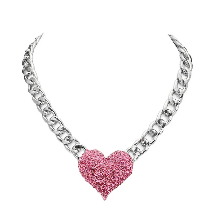 Heart Rhinestone Pave Chunky Metal Chain Necklace