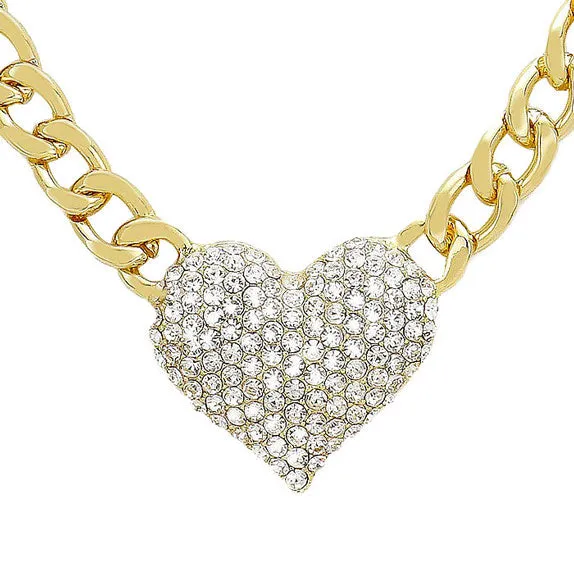 Heart Rhinestone Pave Chunky Metal Chain Necklace