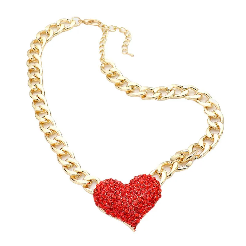 Heart Rhinestone Pave Chunky Metal Chain Necklace