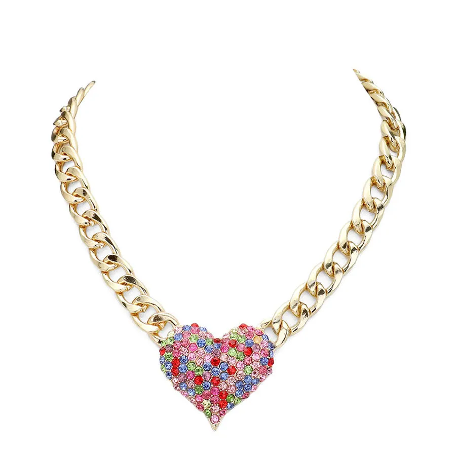 Heart Rhinestone Pave Chunky Metal Chain Necklace