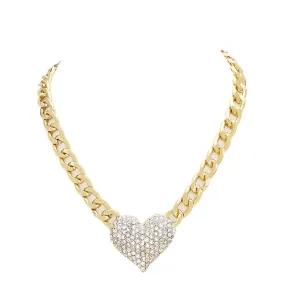 Heart Rhinestone Pave Chunky Metal Chain Necklace