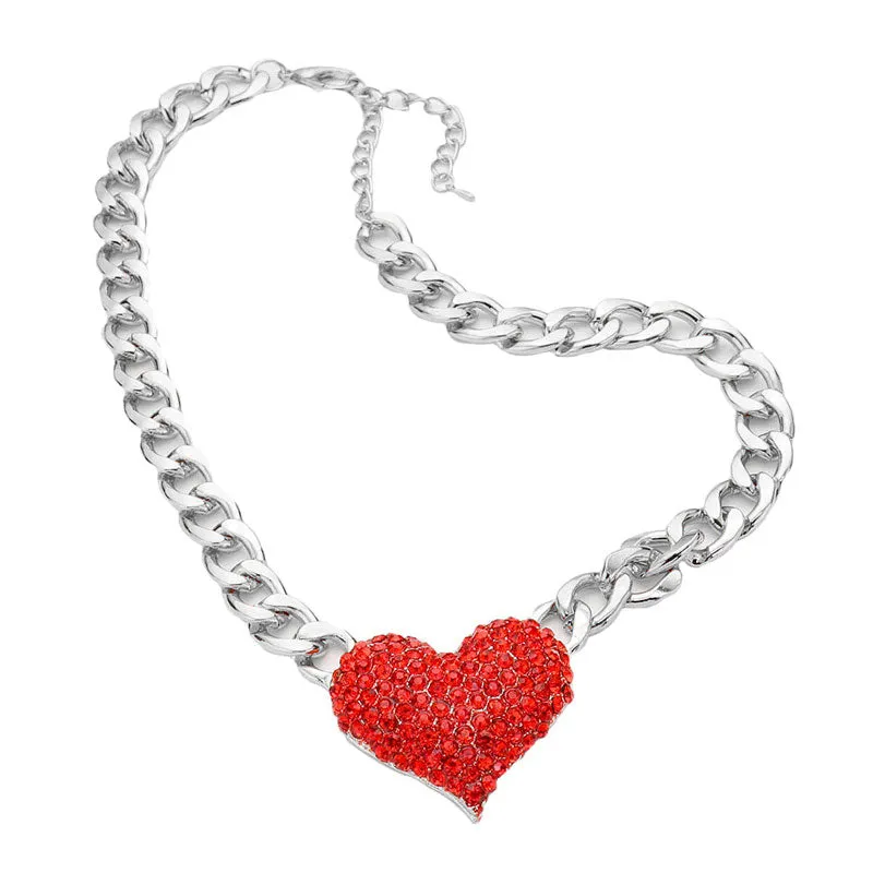 Heart Rhinestone Pave Chunky Metal Chain Necklace