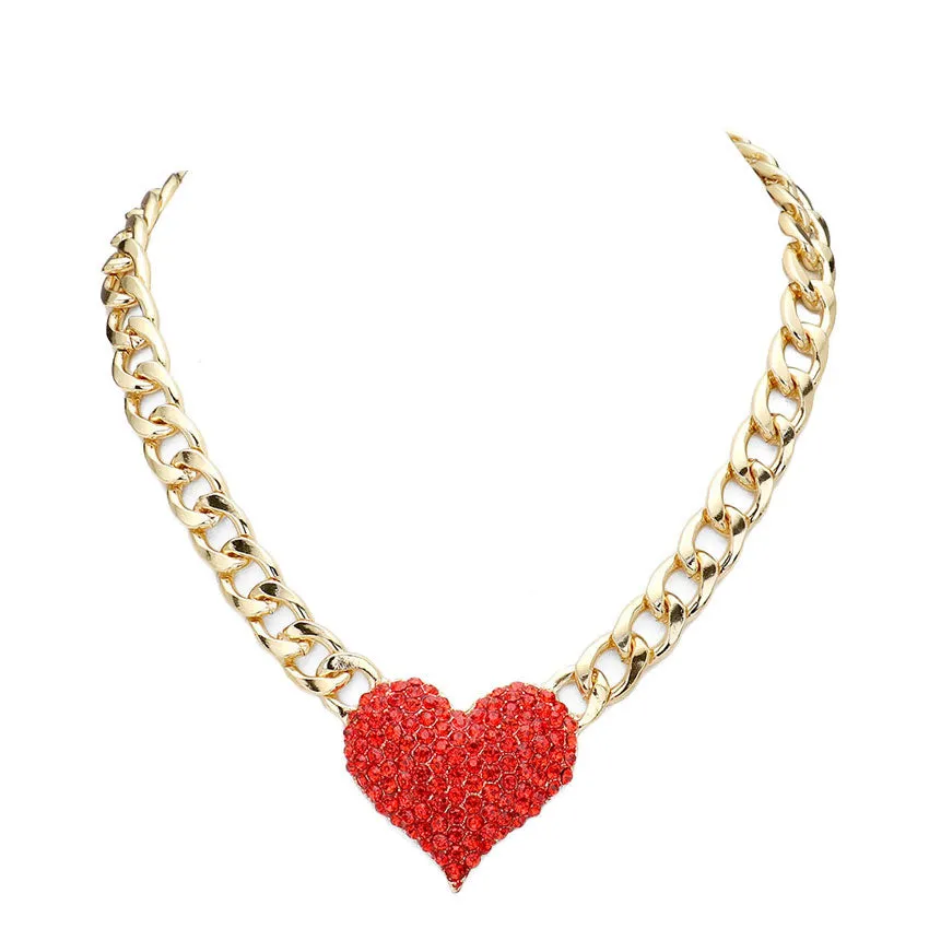 Heart Rhinestone Pave Chunky Metal Chain Necklace