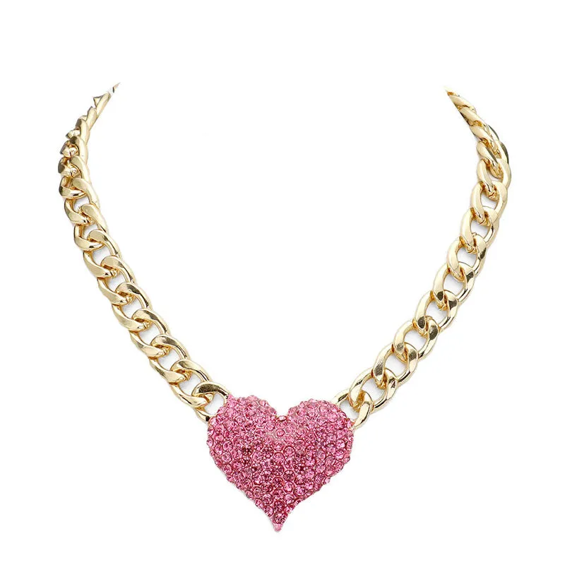 Heart Rhinestone Pave Chunky Metal Chain Necklace