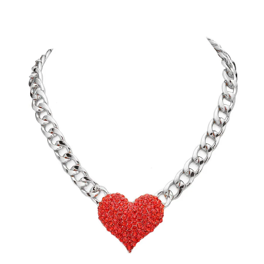 Heart Rhinestone Pave Chunky Metal Chain Necklace