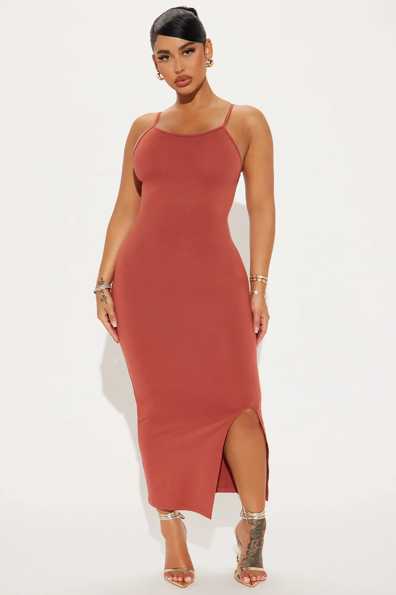 Helena High Neck Midi Dress - Marsala