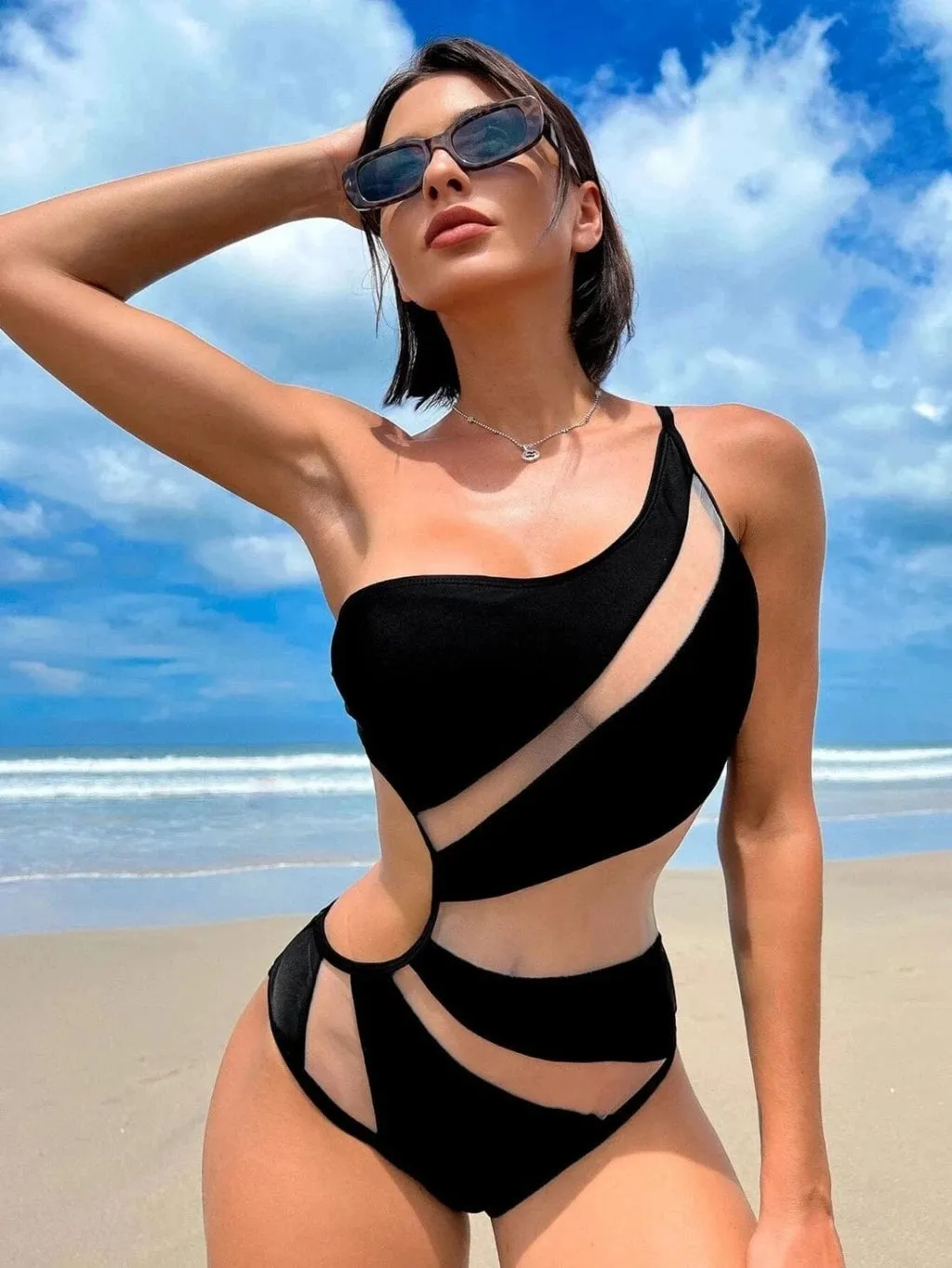 Hideout Cutout Mesh One Piece Swimsuit - Black