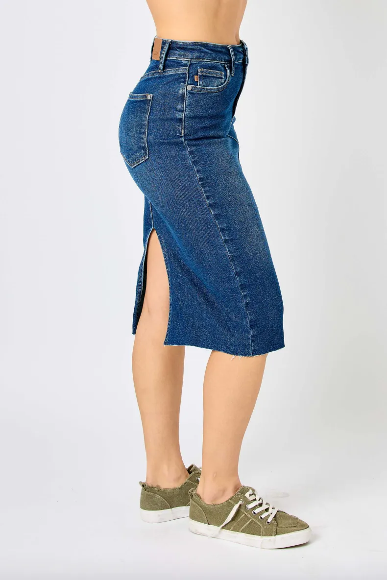 Judy Blue Denim Back Slit Raw Hem Skirt