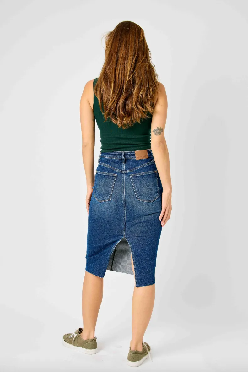 Judy Blue Denim Back Slit Raw Hem Skirt