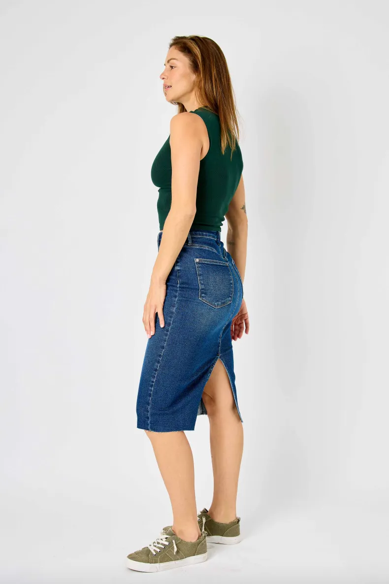 Judy Blue Denim Back Slit Raw Hem Skirt