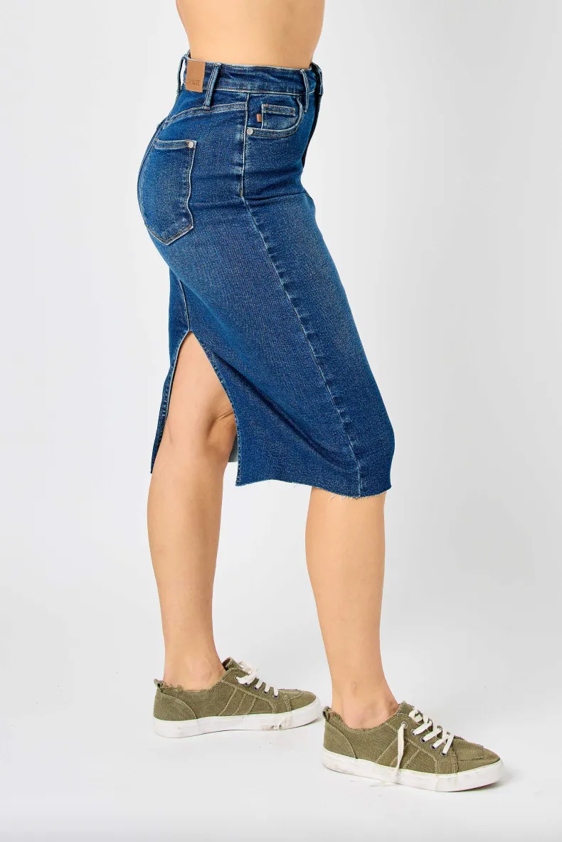 Judy Blue Denim Back Slit Raw Hem Skirt