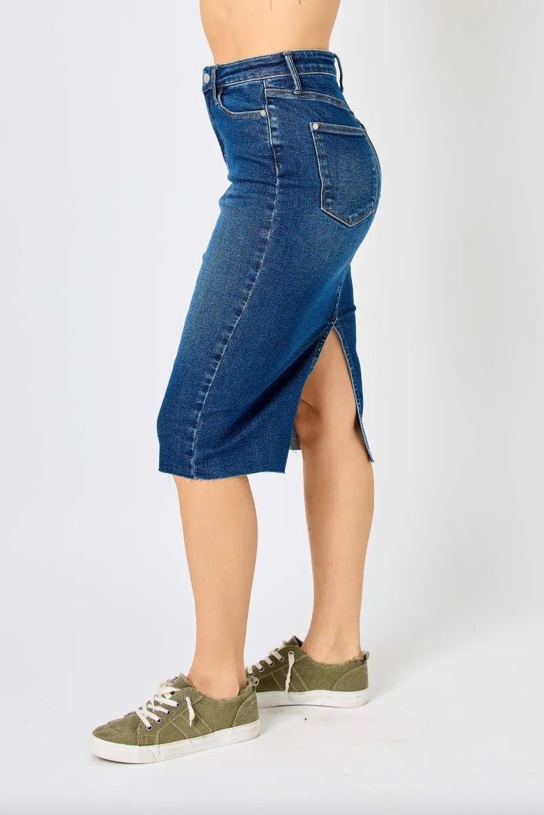 Judy Blue Denim Back Slit Raw Hem Skirt