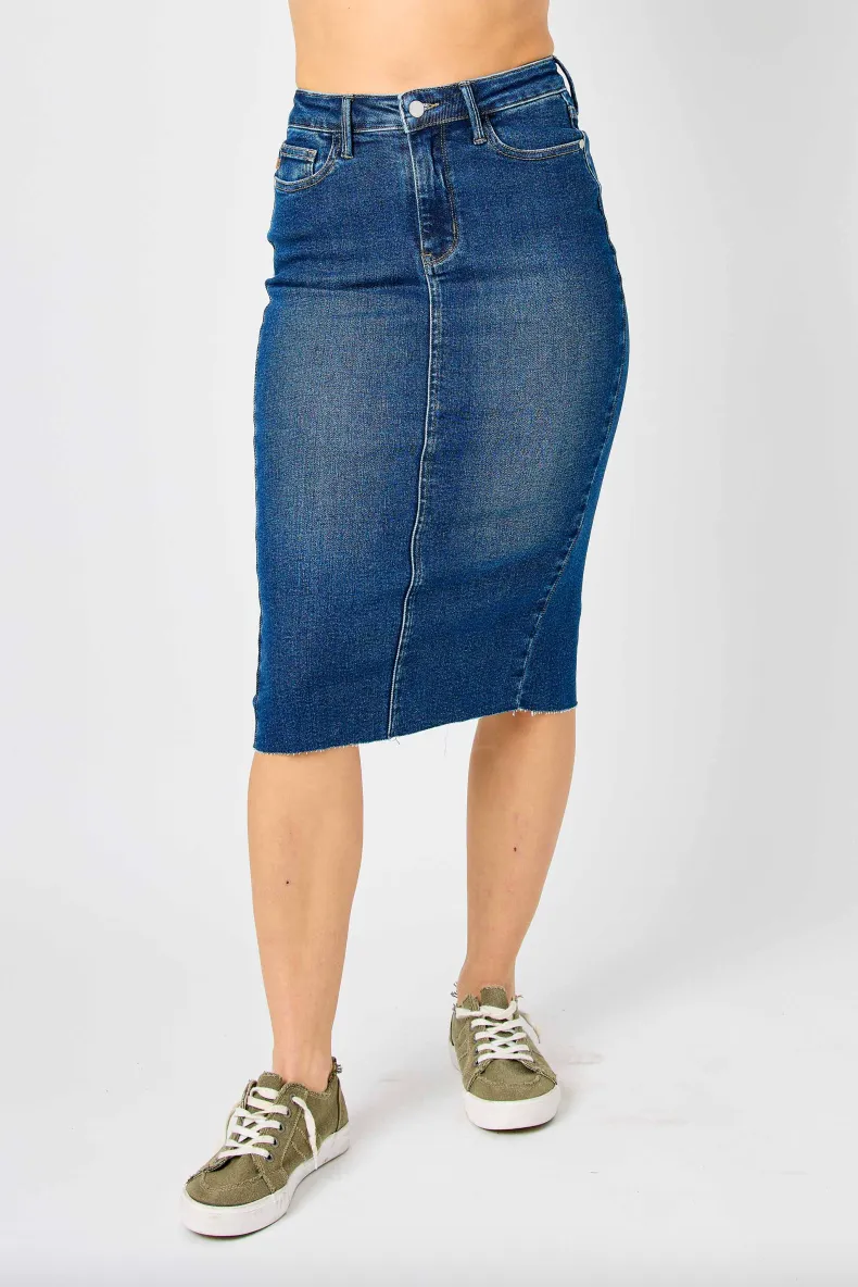 Judy Blue Denim Back Slit Raw Hem Skirt