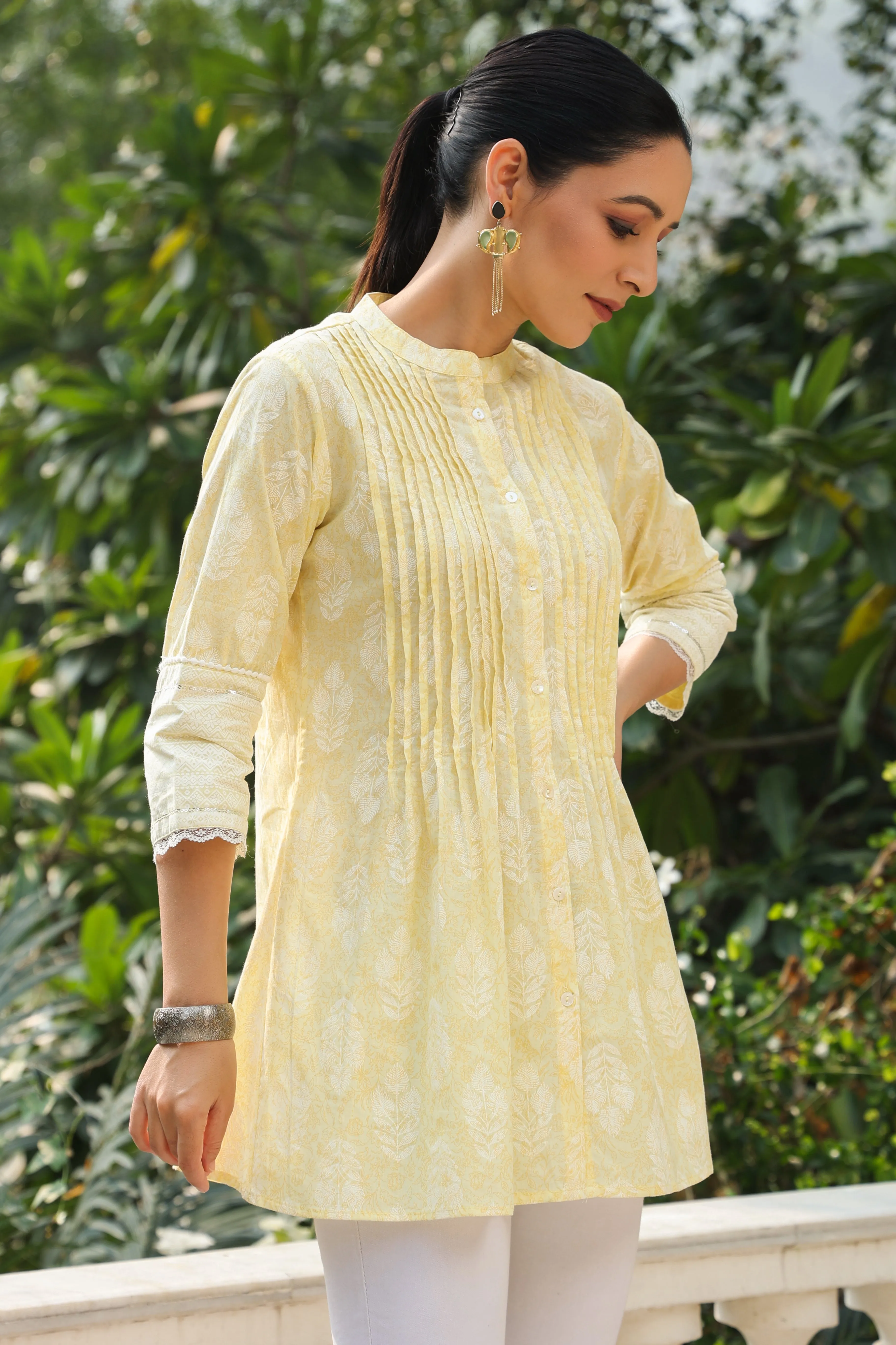 Juniper Lime Yellow Ethnic Motif Printed Pure Cotton A-Line Tunic With Lace Work