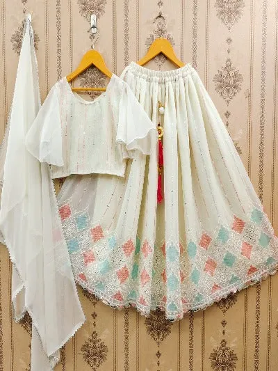 Kids White Beautiful Cut Work Embroidered Lehenga Choli Set