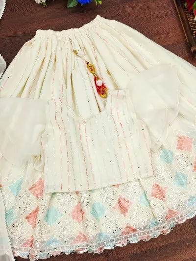 Kids White Beautiful Cut Work Embroidered Lehenga Choli Set