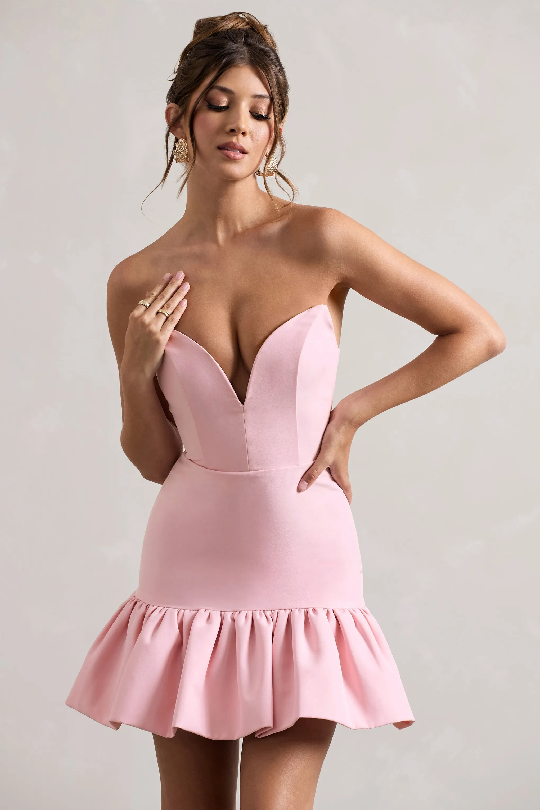 Koko | Pink Sweetheart Mini Dress With Ruffle Hem