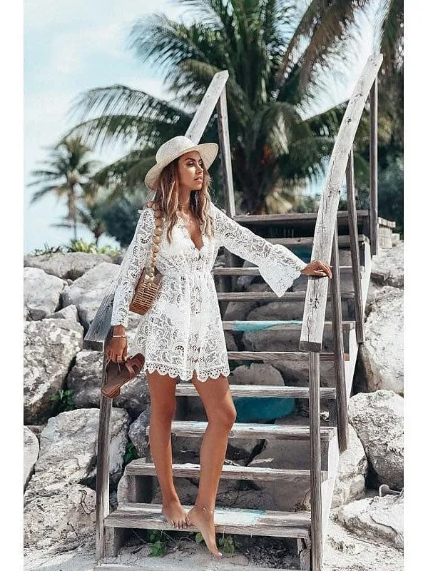 Ladies' White Lace Crochet Beach Cover-Up with UV Protection