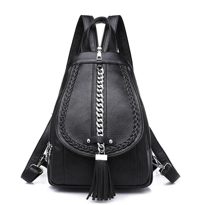 Large Capacity Waterproof Lightweight Chain and Tassel Preppy Style PU Leather Travel Backpack