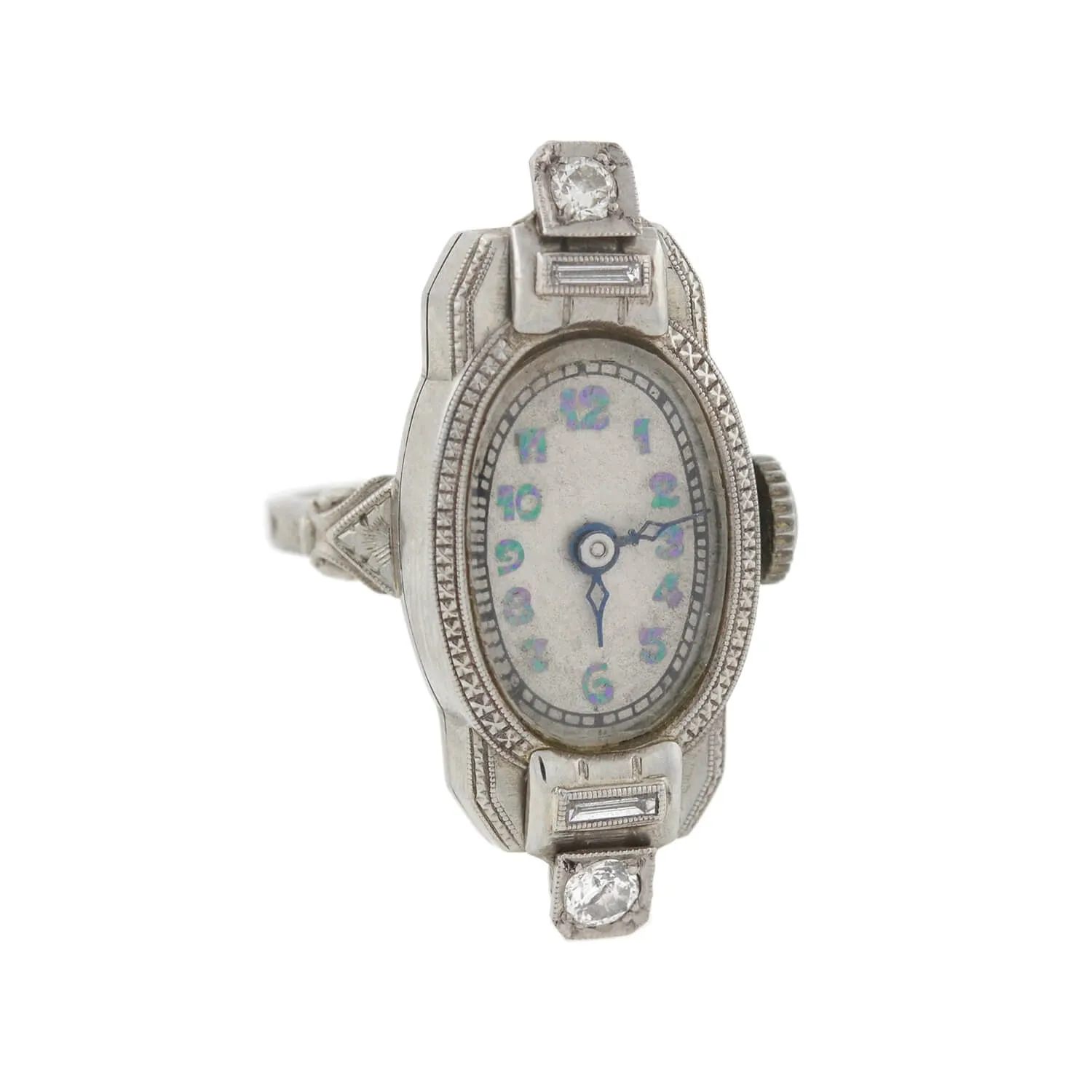 Late Art Deco 14kt White Gold Diamond Watch Ring