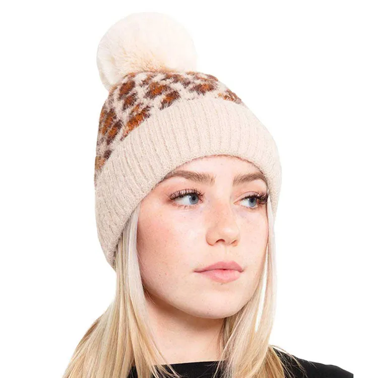 Leopard Patterned Fuzzy Fleece Pom Pom Beanie Hat