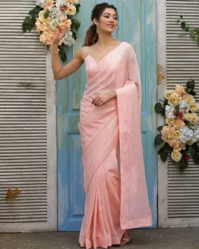 Light Peach Georgette Sequins Work Designer Saree