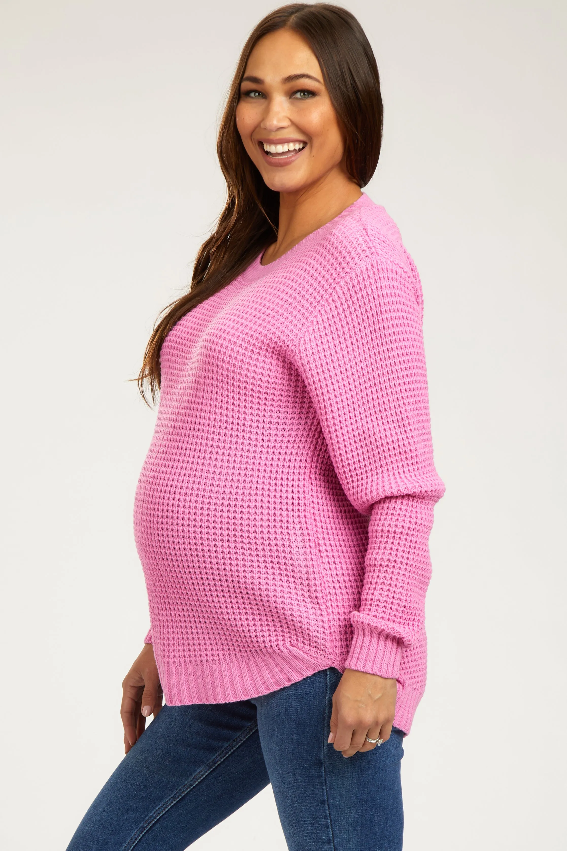 Light Pink Waffle Knit Round Hem Maternity Sweater