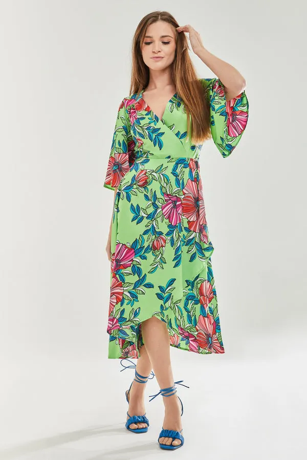 Liquorish Green Floral Midi Wrap Dress