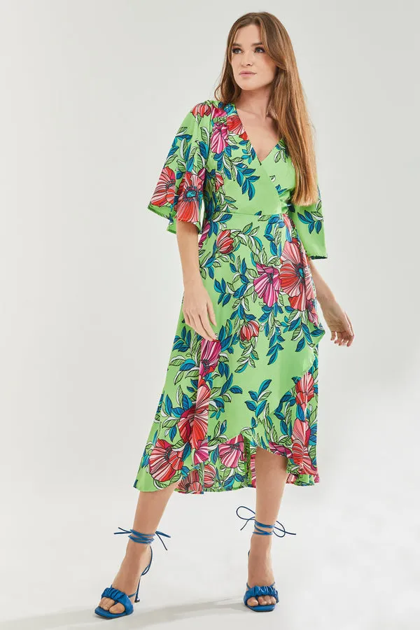 Liquorish Green Floral Midi Wrap Dress