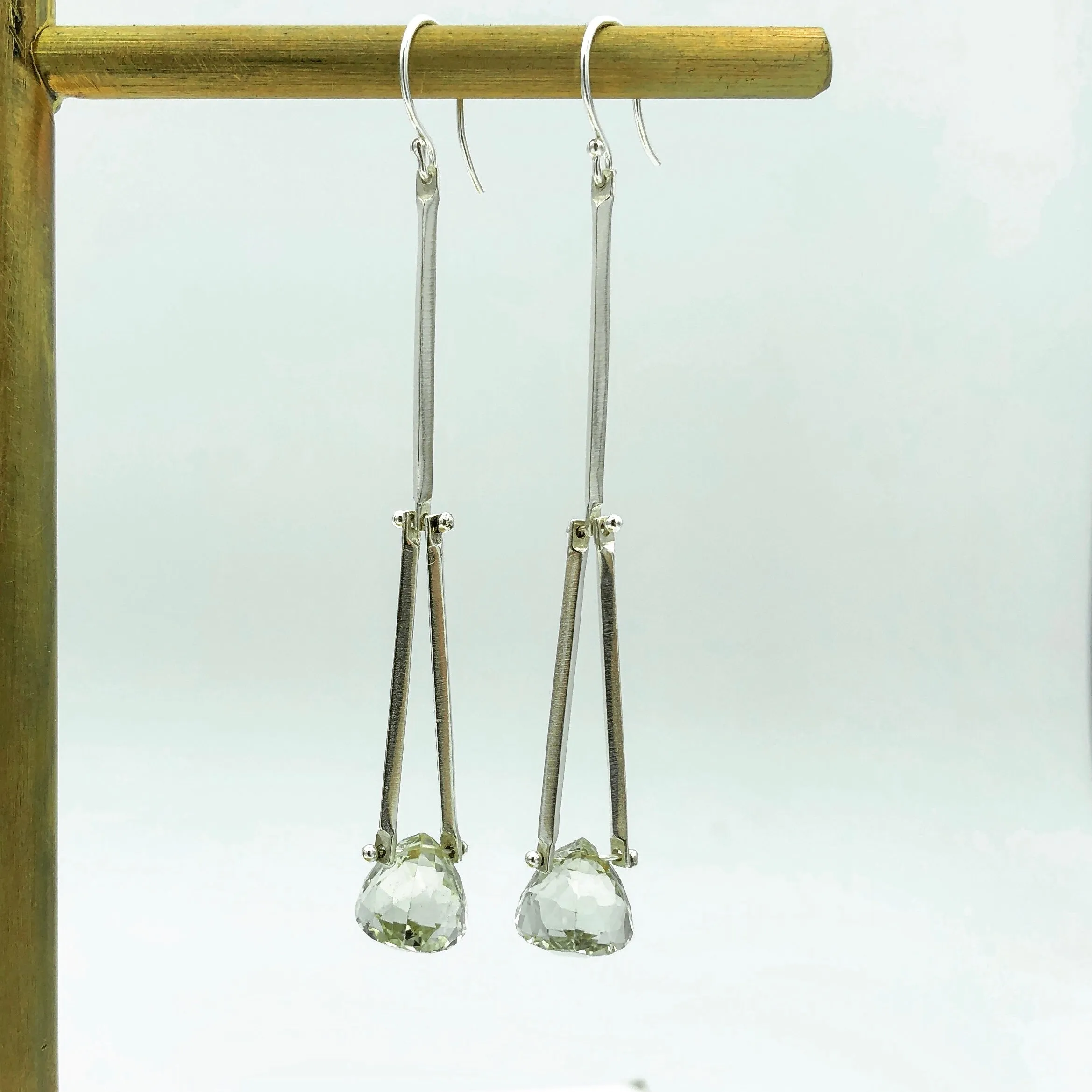 Long twist stick earrings in green amethysts