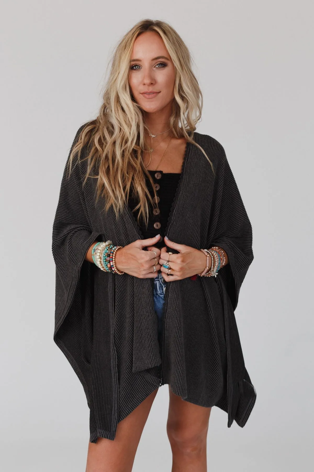 Lotus Lace Trim Ribbed Knit Kimono - Charcoal