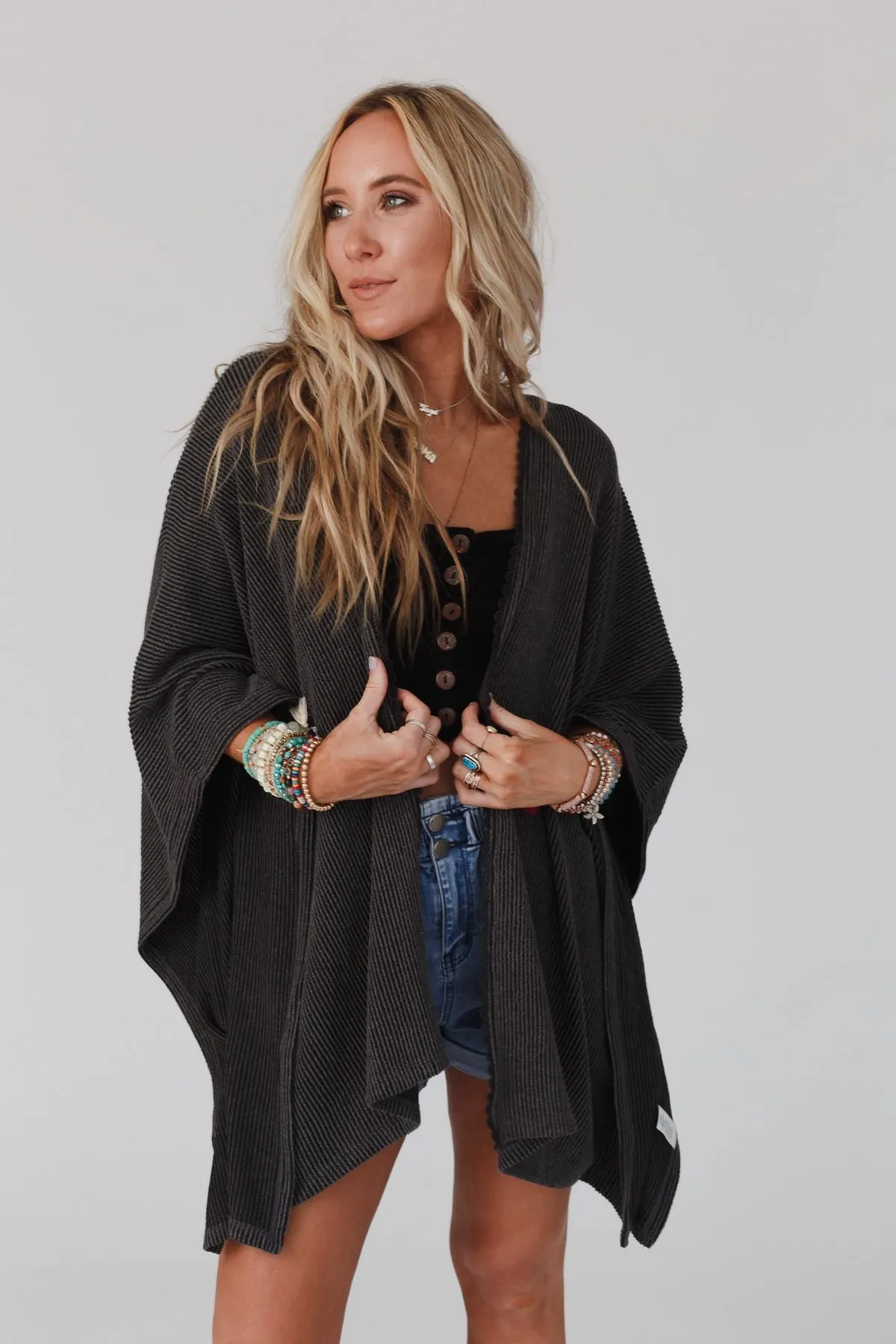 Lotus Lace Trim Ribbed Knit Kimono - Charcoal