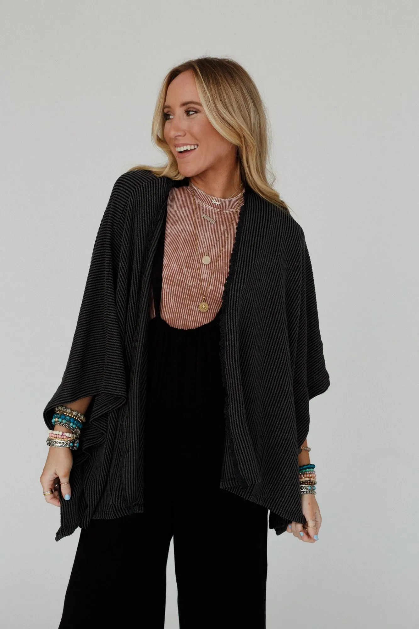 Lotus Lace Trim Ribbed Knit Kimono - Charcoal