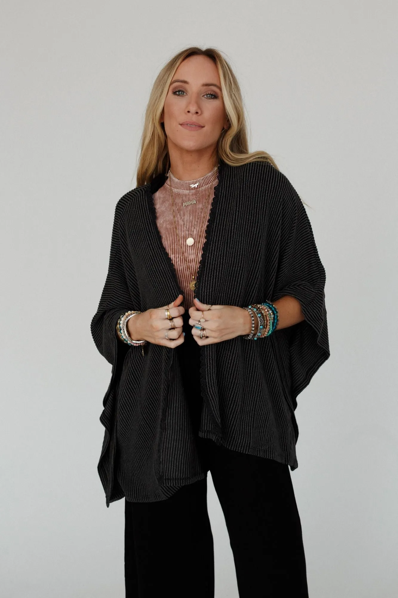 Lotus Lace Trim Ribbed Knit Kimono - Charcoal