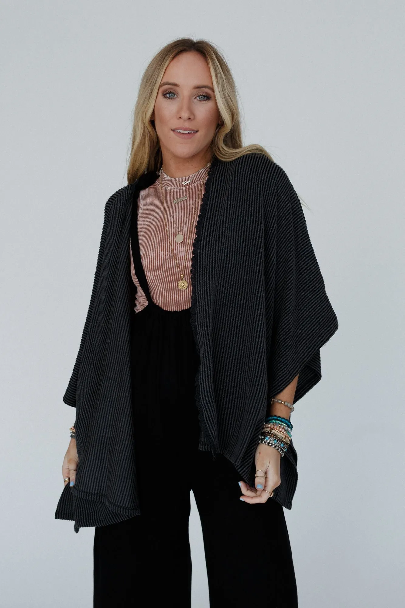 Lotus Lace Trim Ribbed Knit Kimono - Charcoal