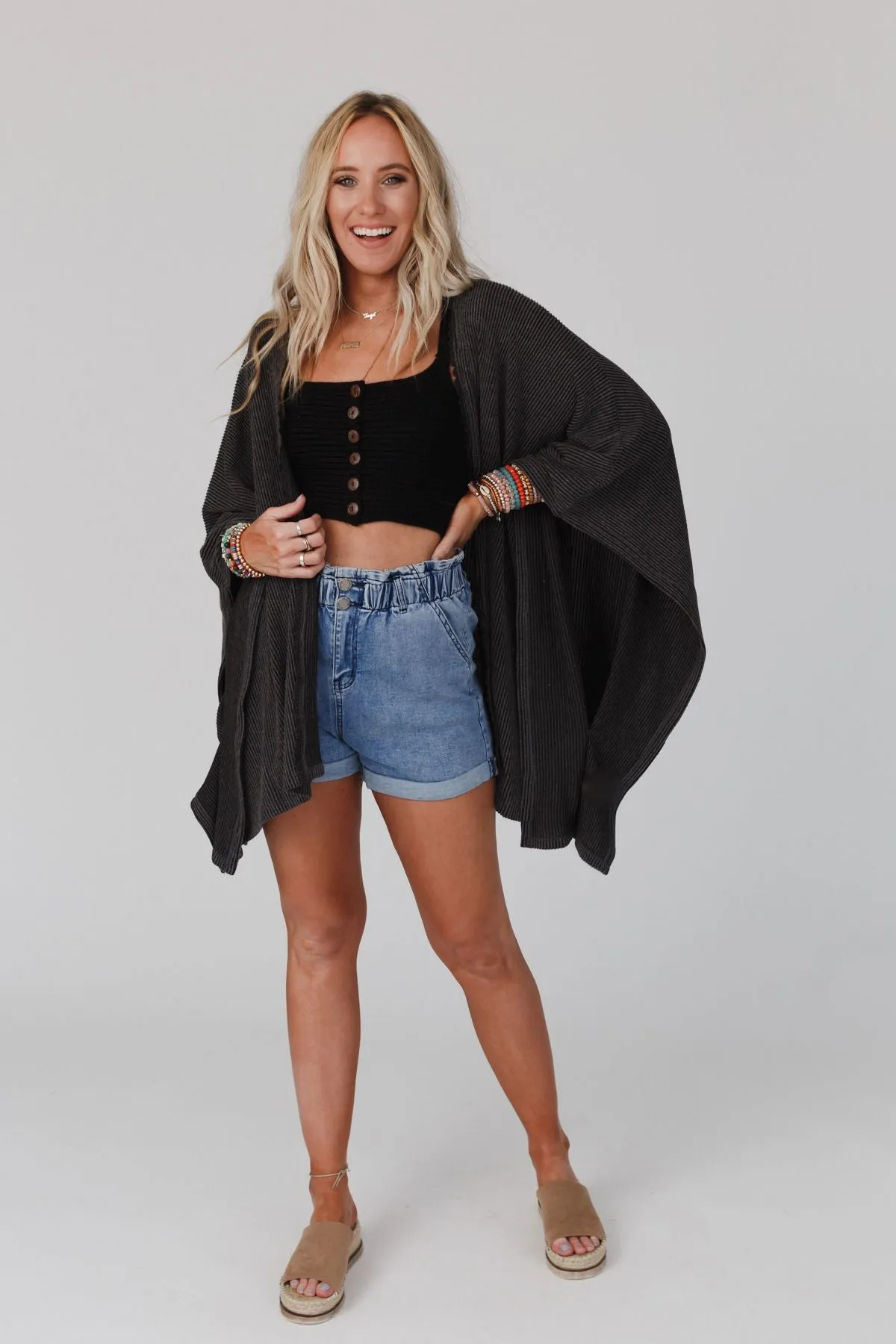 Lotus Lace Trim Ribbed Knit Kimono - Charcoal