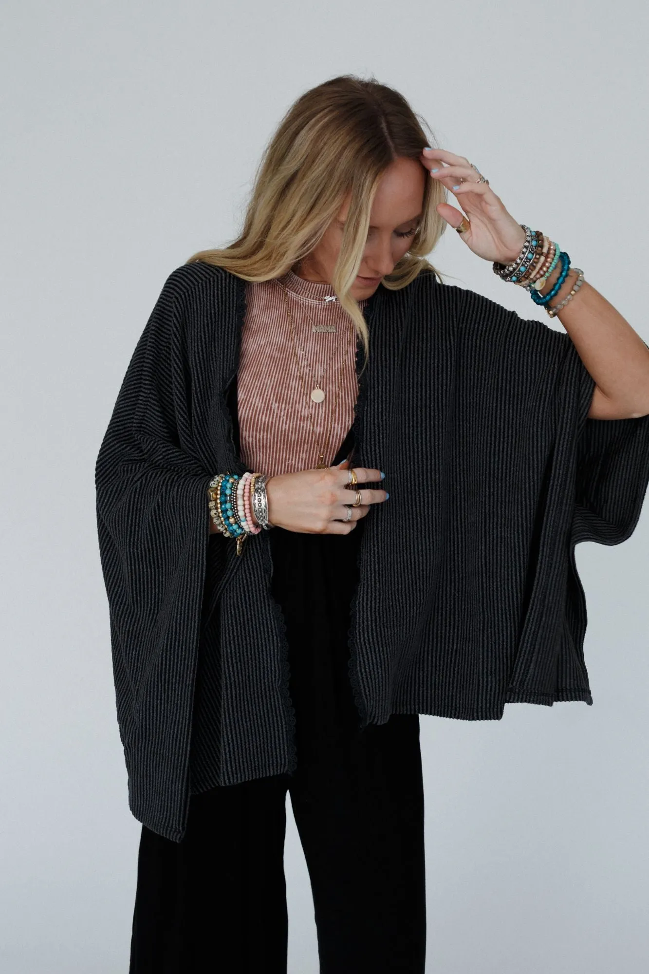 Lotus Lace Trim Ribbed Knit Kimono - Charcoal