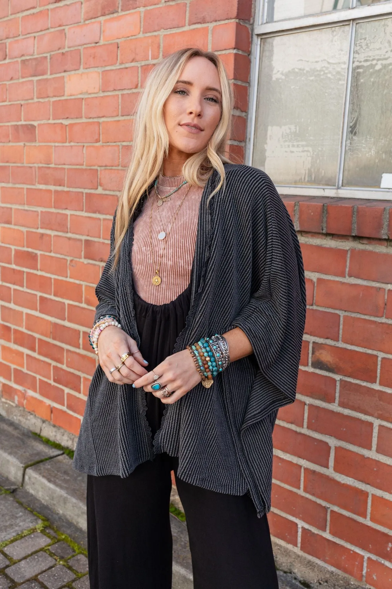 Lotus Lace Trim Ribbed Knit Kimono - Charcoal