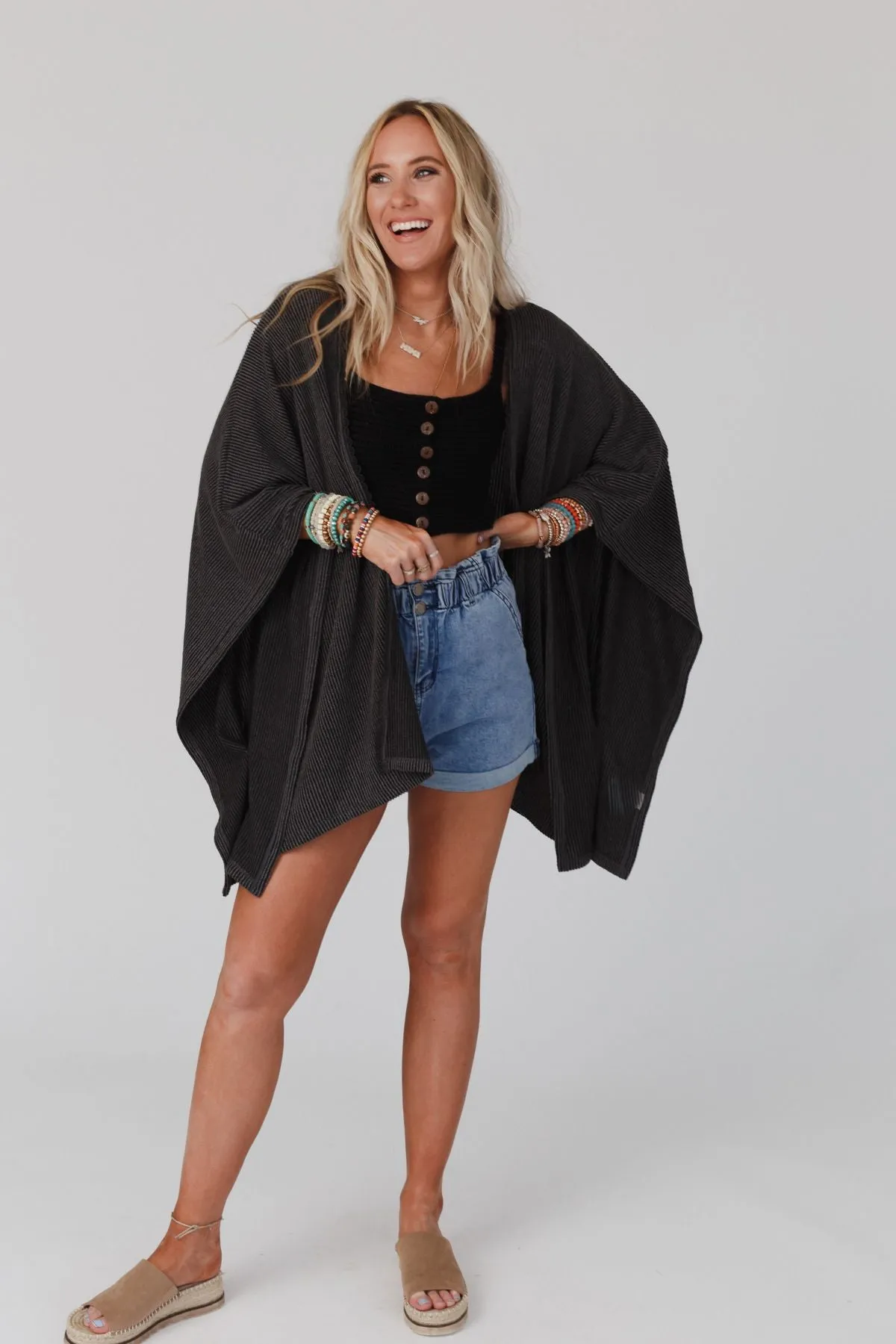 Lotus Lace Trim Ribbed Knit Kimono - Charcoal