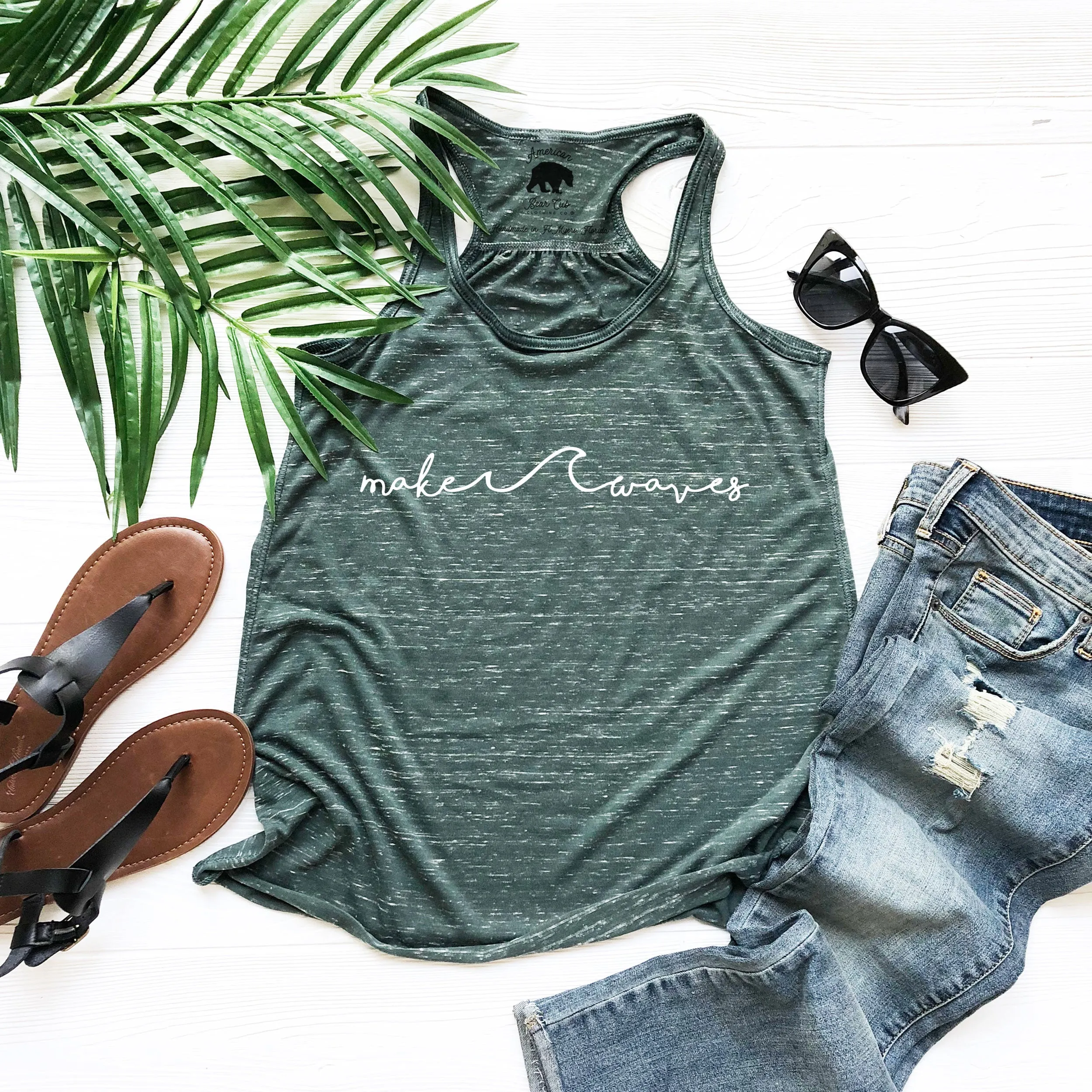 Make Waves Script flowy racerback tank tops - light or dark artwork