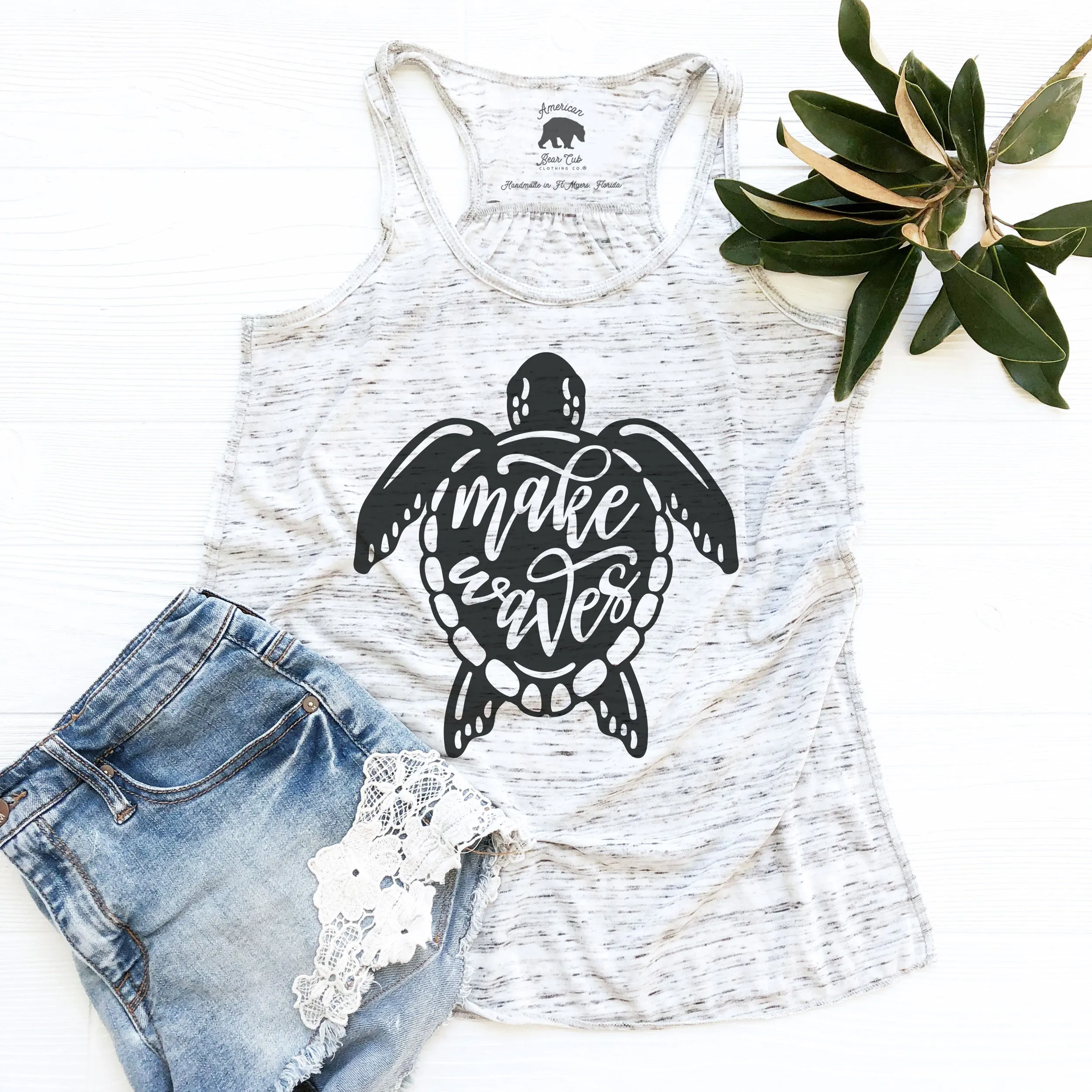 Make Waves Turtle flowy racerback tank tops - light or dark artwork