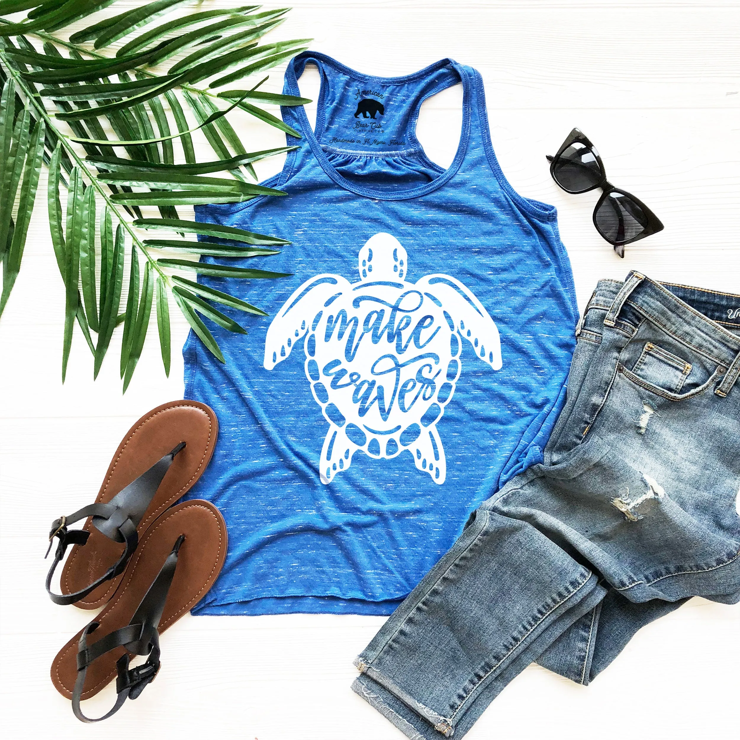 Make Waves Turtle flowy racerback tank tops - light or dark artwork