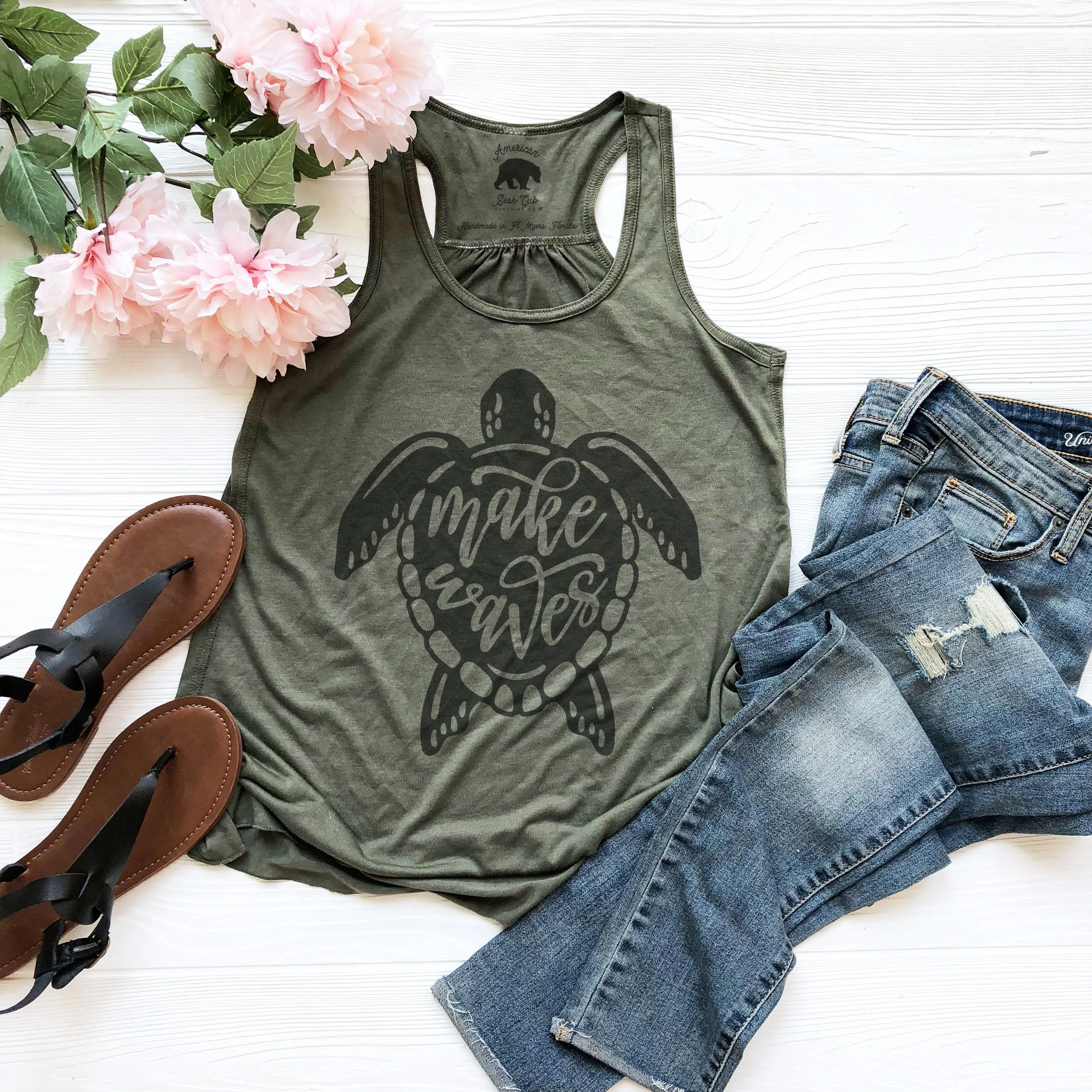 Make Waves Turtle flowy racerback tank tops - light or dark artwork