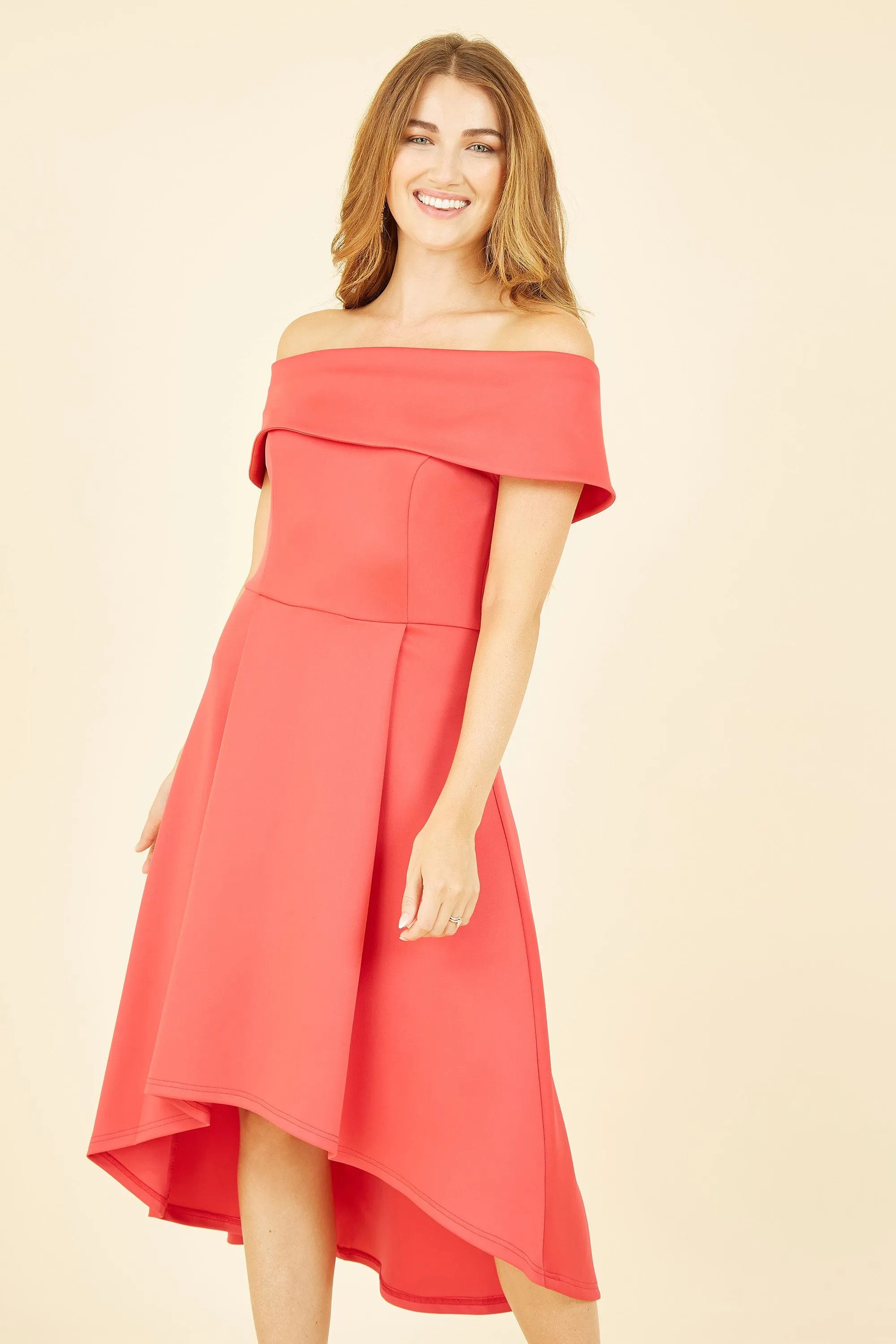 Mela London Red Bardot Dipped Hem Dress