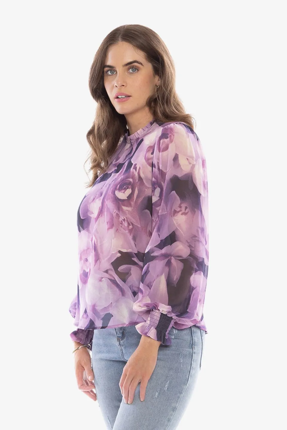 Movement Purple Poppies V Opening LS Blouse