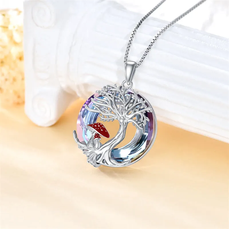 Mushroom Necklace 925 Sterling Silver Tree of Life Moon Phase Pendant Necklace Mushroom Theme Jewelry Gifts for Women Girls